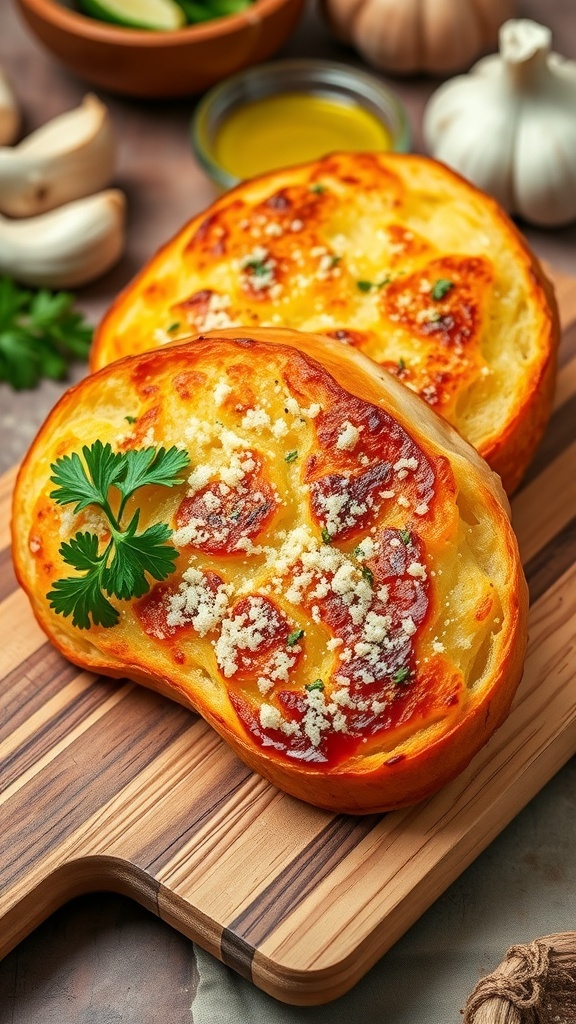 Golden garlic bread on a cutting board, garnished with parsley and Parmesan cheese.
